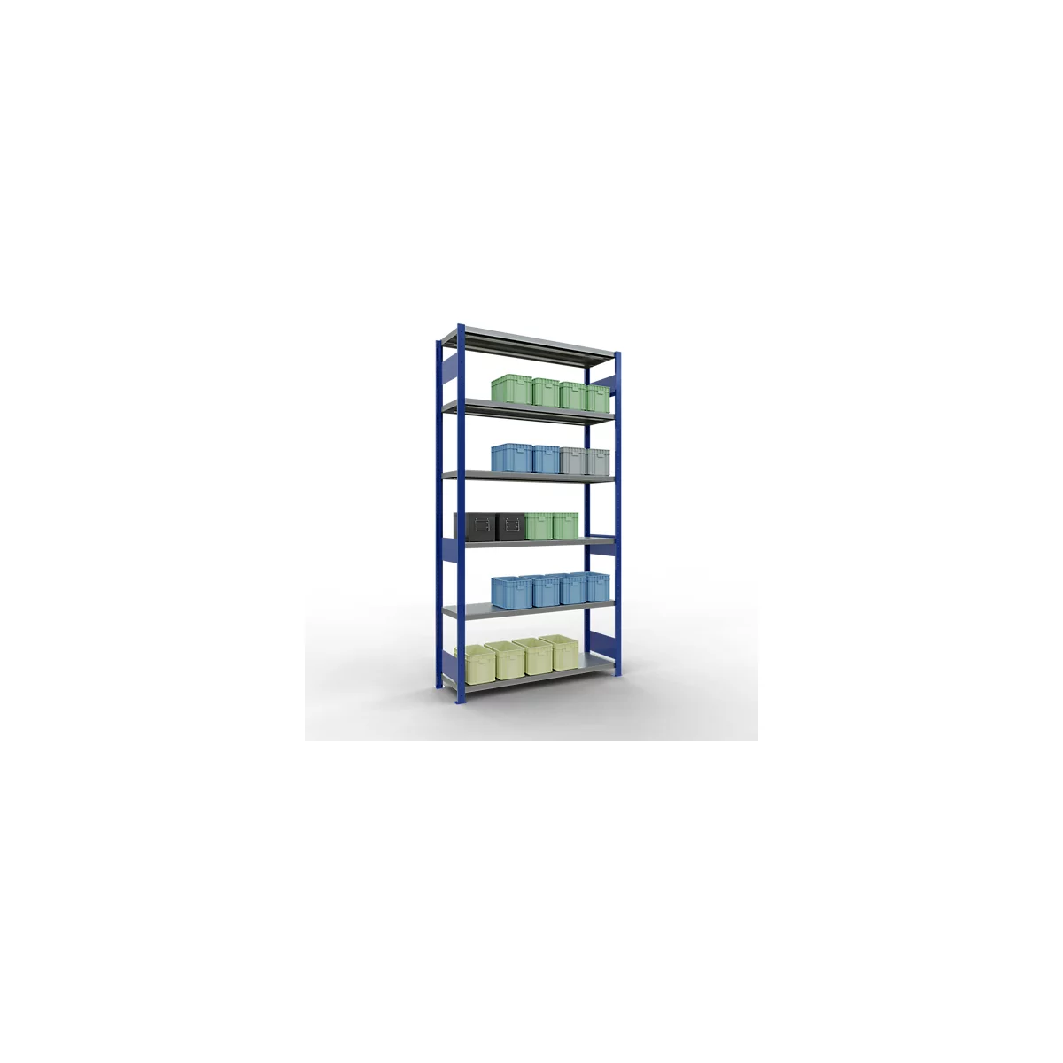 Schulte Lagertechnik Système de rayonnage à tablettes emboîtables MULTIplus 250, rayonnage de base, verrou de longueur, 2500x1300x400 mm, 6 tablettes, bleu gentiane/galvanisé