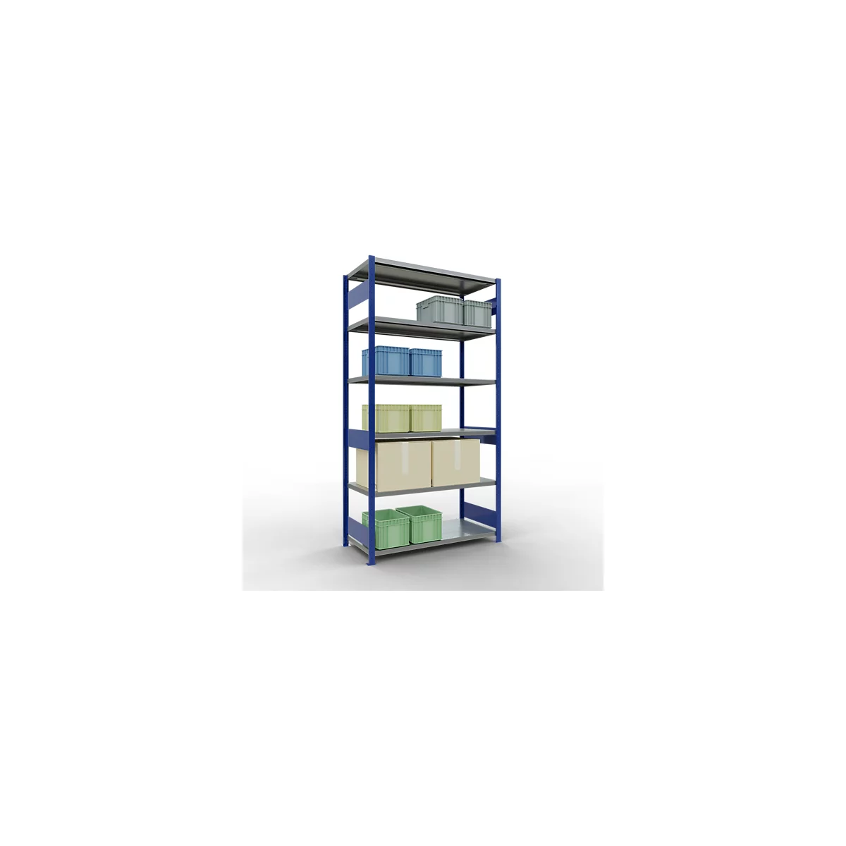 Schulte Lagertechnik Système de rayonnage à tablettes emboîtables MULTIplus 250, rayonnage de base, verrou de longueur, 2500x1300x600 mm, 6 tablettes, bleu gentiane/galvanisé