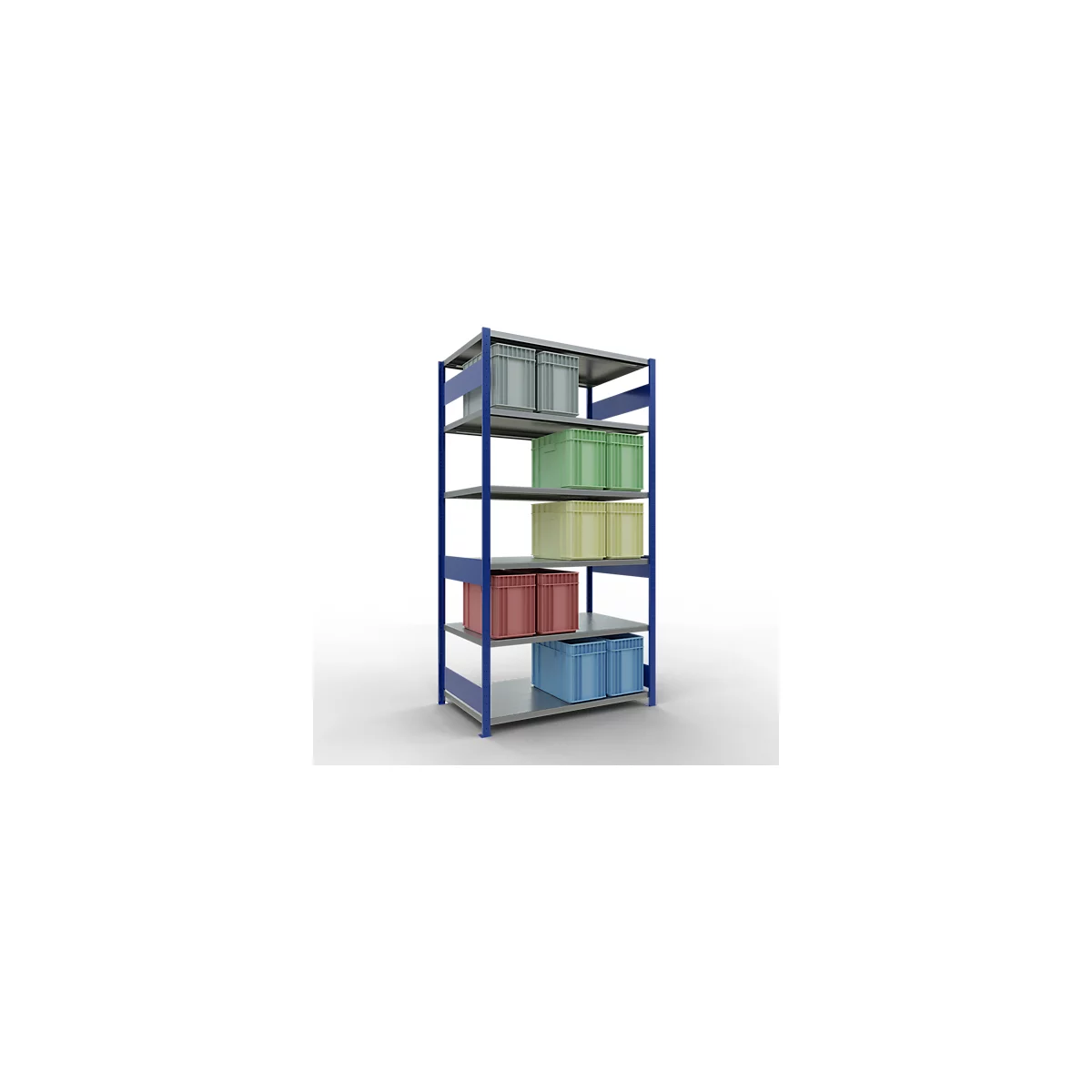 Schulte Lagertechnik Système de rayonnage à tablettes emboîtables MULTIplus 250, rayonnage de base, verrou de longueur, 2500x1300x800 mm, 6 tablettes, bleu gentiane/galvanisé