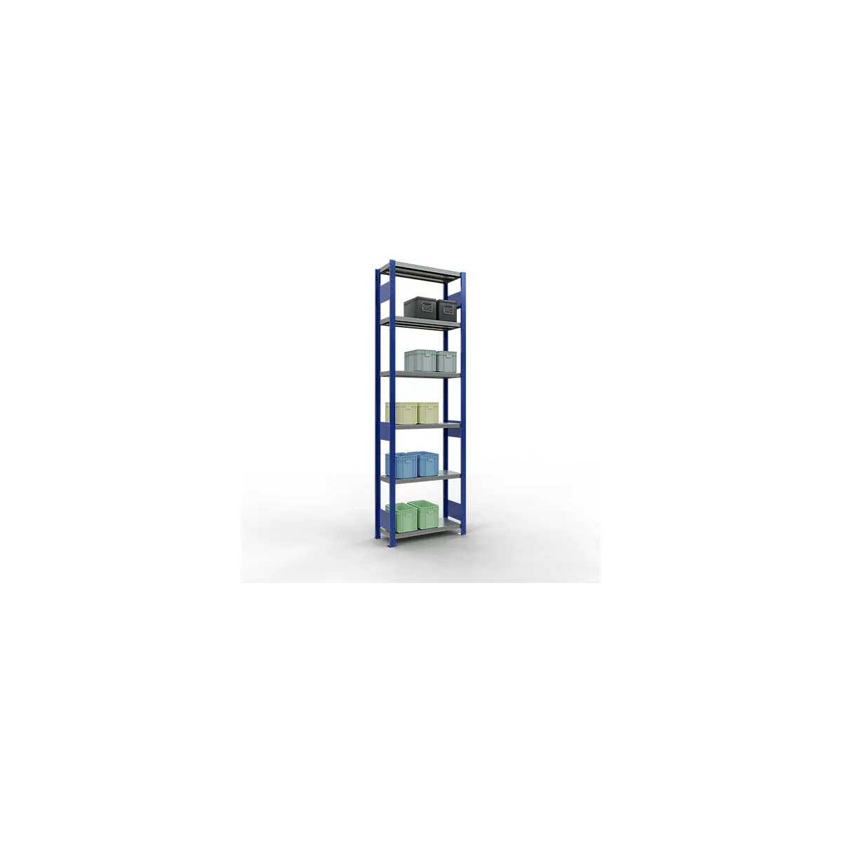 Schulte Lagertechnik Système de rayonnage à tablettes emboîtables MULTIplus 250, rayonnage de base, verrou de longueur, 2500x750x300 mm, 6 tablettes, bleu gentiane/galvanisé