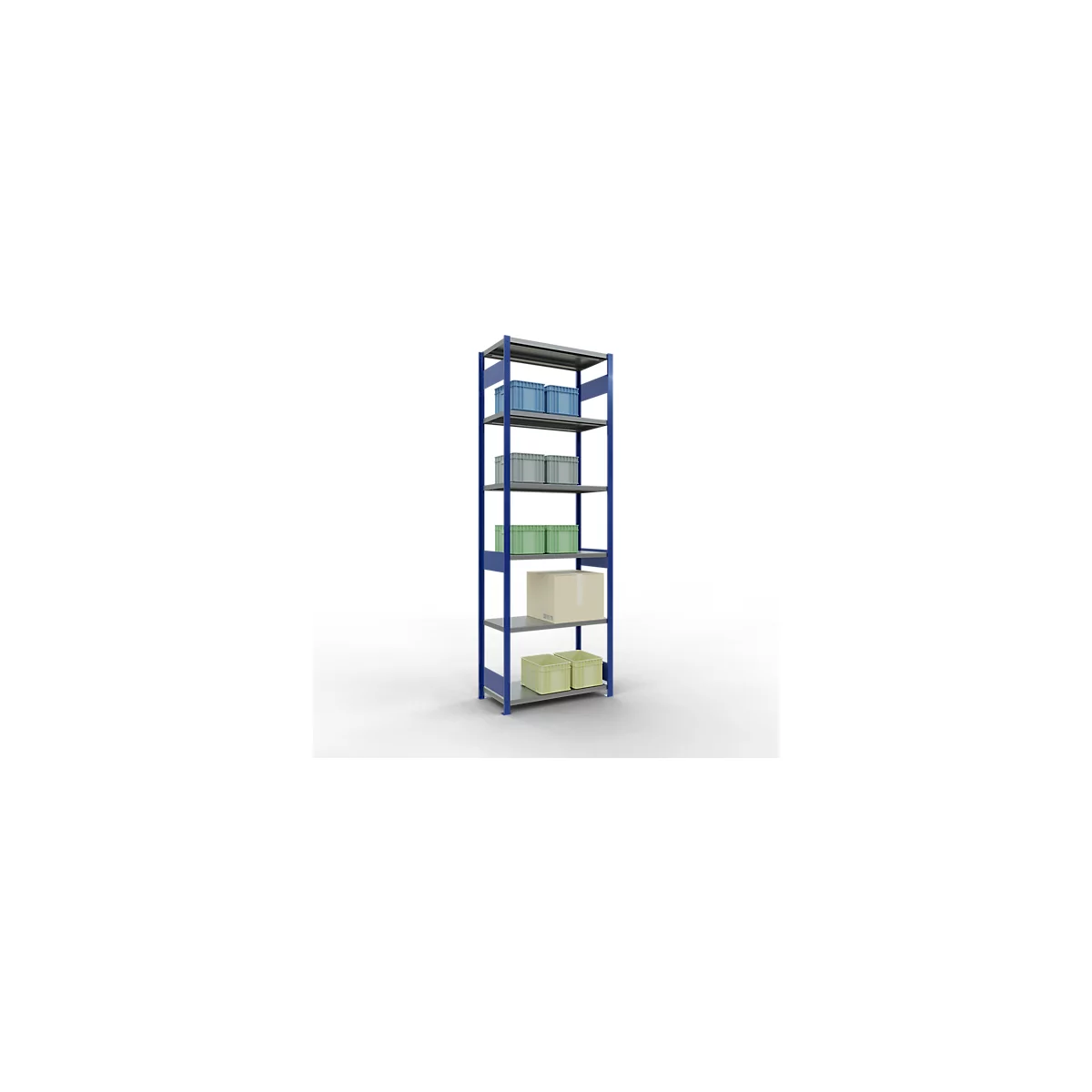 Schulte Lagertechnik Système de rayonnage à tablettes emboîtables MULTIplus 250, rayonnage de base, verrou de longueur, 3000x1000x500 mm, 7 tablettes, bleu gentiane/galvanisé