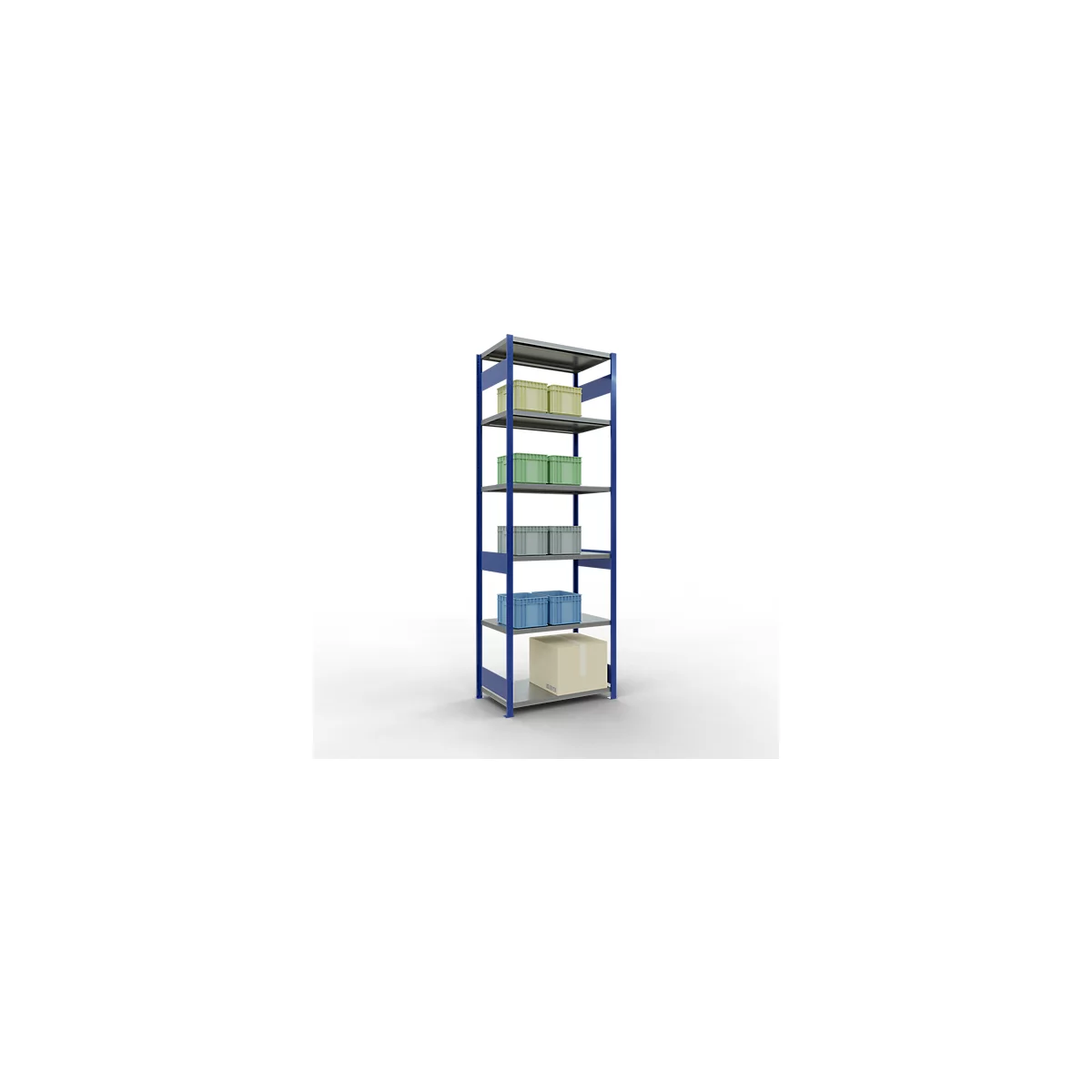 Schulte Lagertechnik Système de rayonnage à tablettes emboîtables MULTIplus 250, rayonnage de base, verrou de longueur, 3000x1000x600 mm, 7 tablettes, bleu gentiane/galvanisé