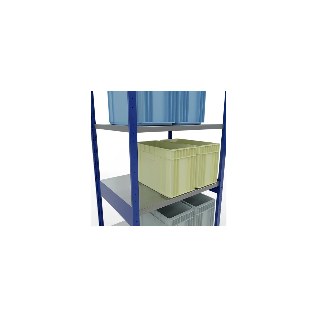Schulte Lagertechnik Système de rayonnage à tablettes emboîtables MULTIplus 250, rayonnage de base, verrou de longueur, 3000x1000x800 mm, 7 tablettes, bleu gentiane/galvanisé