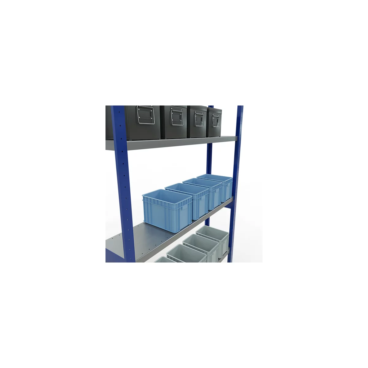 Schulte Lagertechnik Système de rayonnage à tablettes emboîtables MULTIplus 250, rayonnage de base, verrou de longueur, 3000x1300x300 mm, 7 tablettes, bleu gentiane/galvanisé