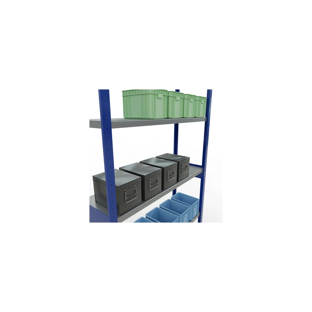 Schulte Lagertechnik Système de rayonnage à tablettes emboîtables MULTIplus 250, rayonnage de base, verrou de longueur, 3000x1300x400 mm, 7 tablettes, bleu gentiane/galvanisé
