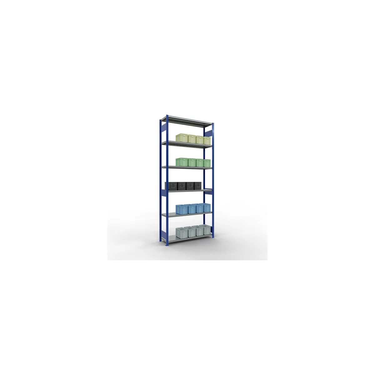 Schulte Lagertechnik Système de rayonnage à tablettes emboîtables MULTIplus 250, rayonnage de base, verrou de longueur, 3000x1300x400 mm, 7 tablettes, bleu gentiane/galvanisé