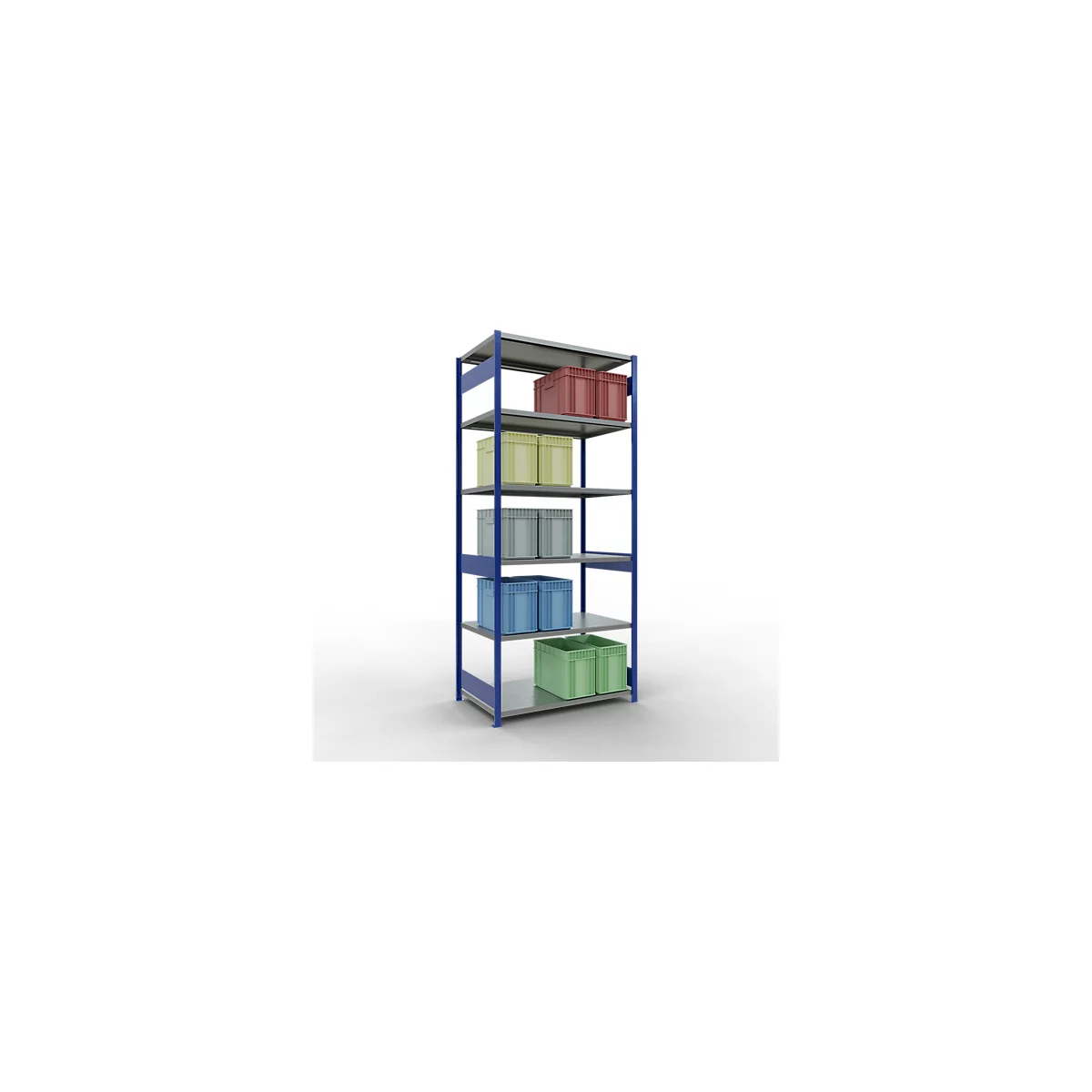 Schulte Lagertechnik Système de rayonnage à tablettes emboîtables MULTIplus 250, rayonnage de base, verrou de longueur, 3000x1300x800 mm, 7 tablettes, bleu gentiane/galvanisé