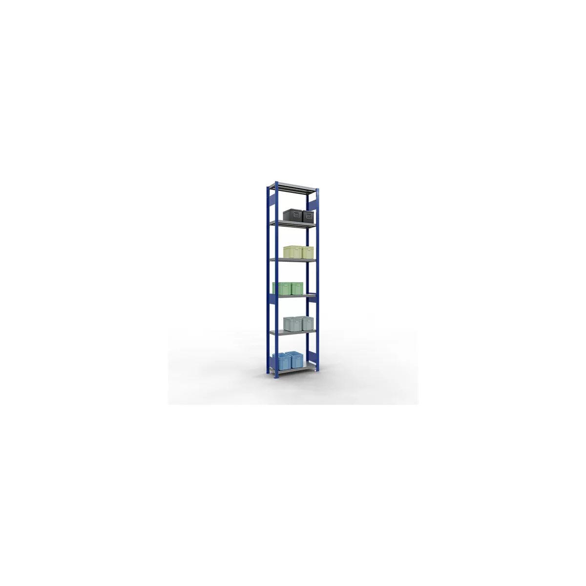 Schulte Lagertechnik Système de rayonnage à tablettes emboîtables MULTIplus 250, rayonnage de base, verrou de longueur, 3000x750x300 mm, 7 tablettes, bleu gentiane/galvanisé
