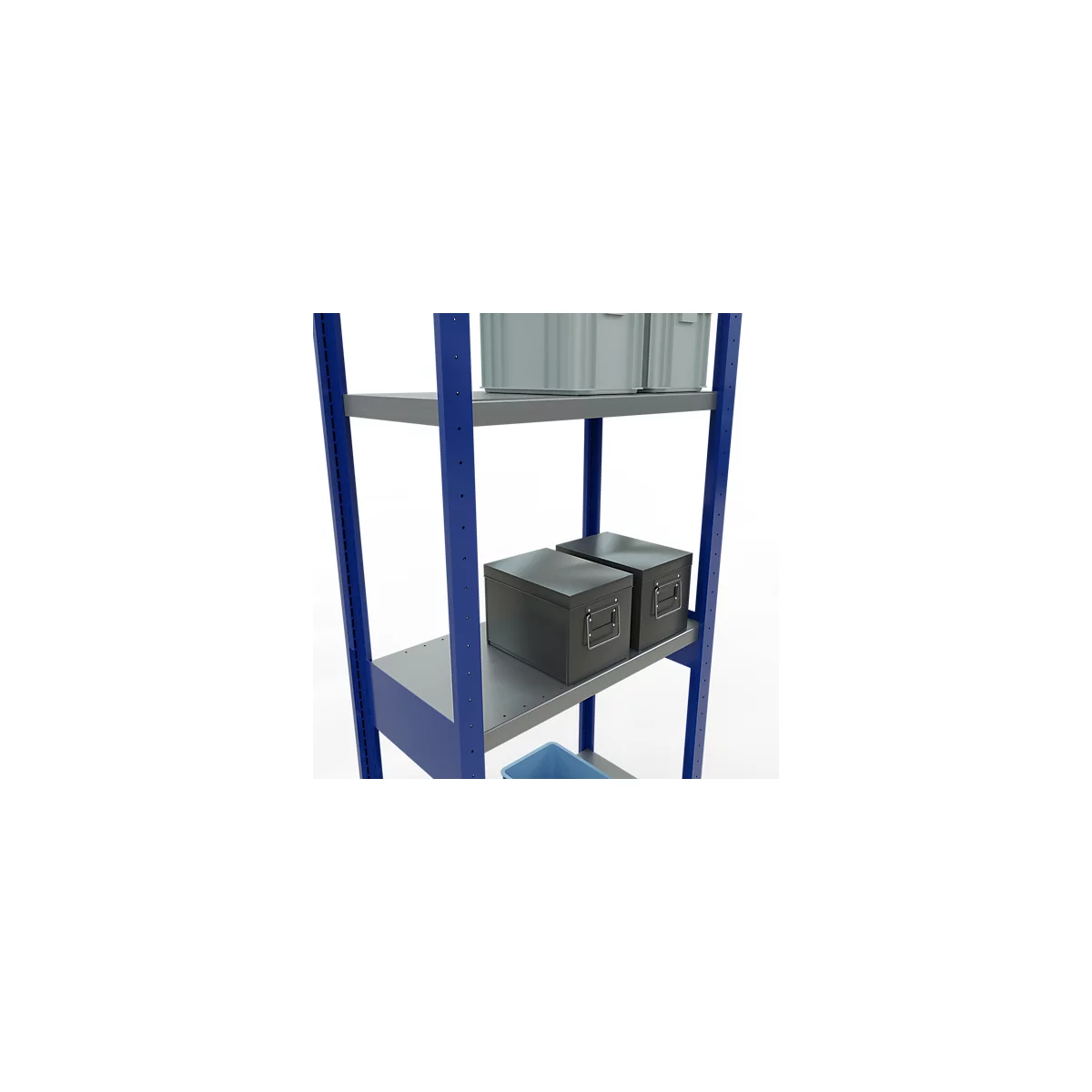 Schulte Lagertechnik Système de rayonnage à tablettes emboîtables MULTIplus 250, rayonnage de base, verrou de longueur, 3000x750x400 mm, 7 tablettes, bleu gentiane/galvanisé