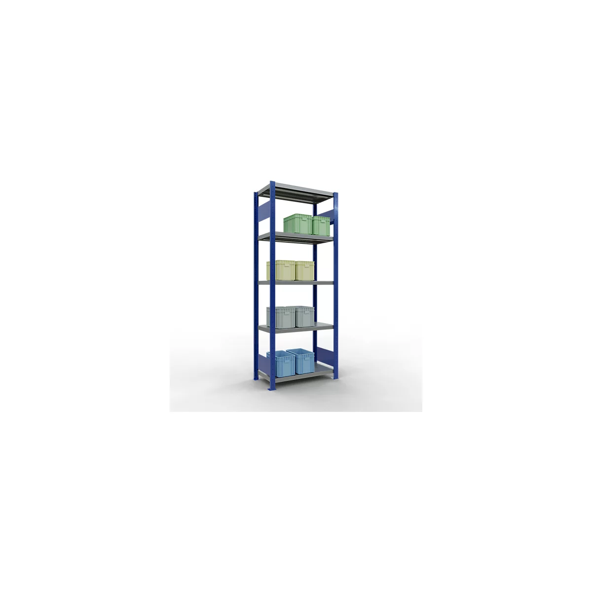 Schulte Lagertechnik Système de rayonnages à tablettes emboîtables MULTIplus 250, rayonnage de base, verrou de longueur, 2000x750x400 mm, 5 tablettes, bleu gentiane/galvanisé