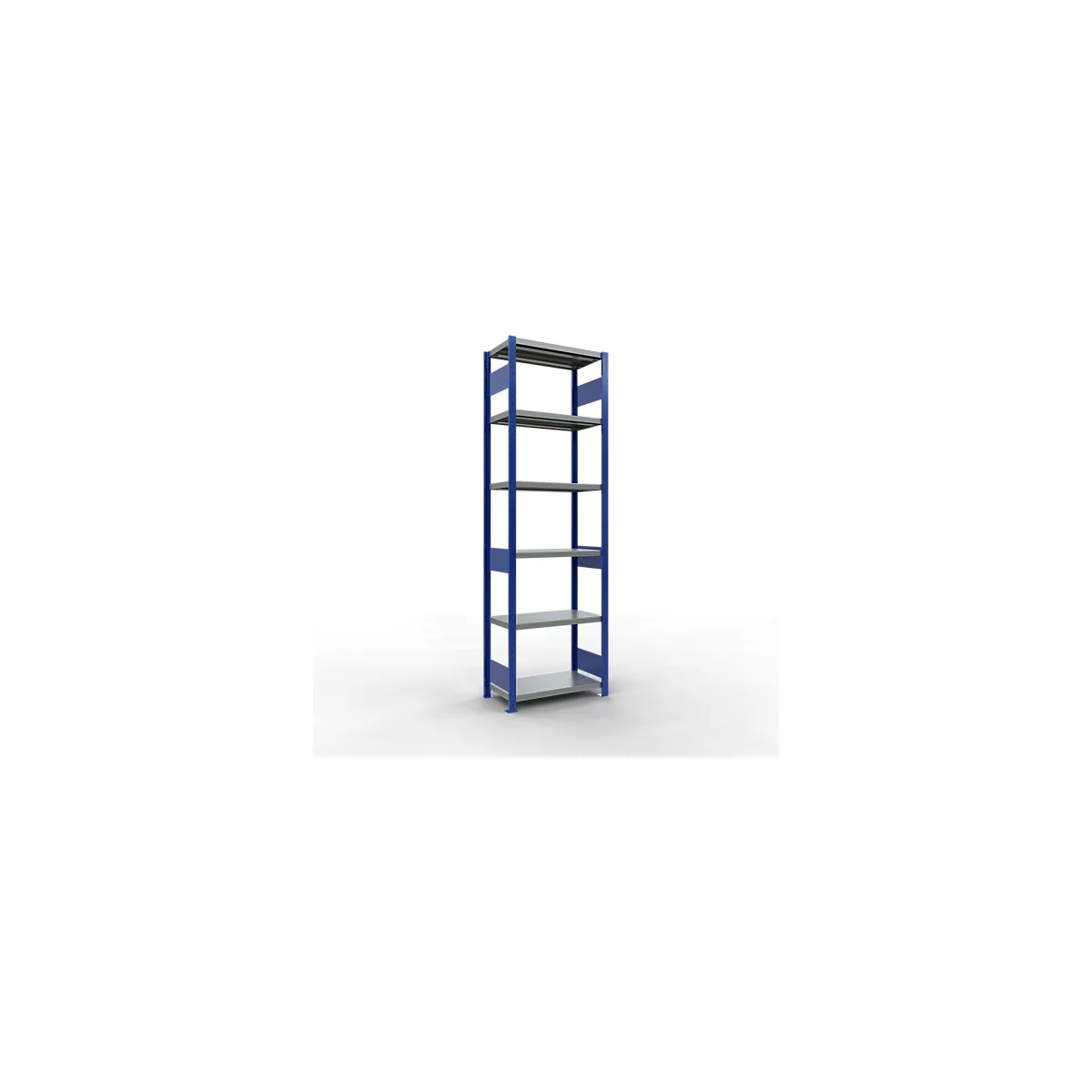 Schulte Lagertechnik Système de rayonnages à tablettes emboîtables MULTIplus 250, rayonnage de base, verrou de longueur, 2500x750x400 mm, 6 tablettes, bleu gentiane/zingué