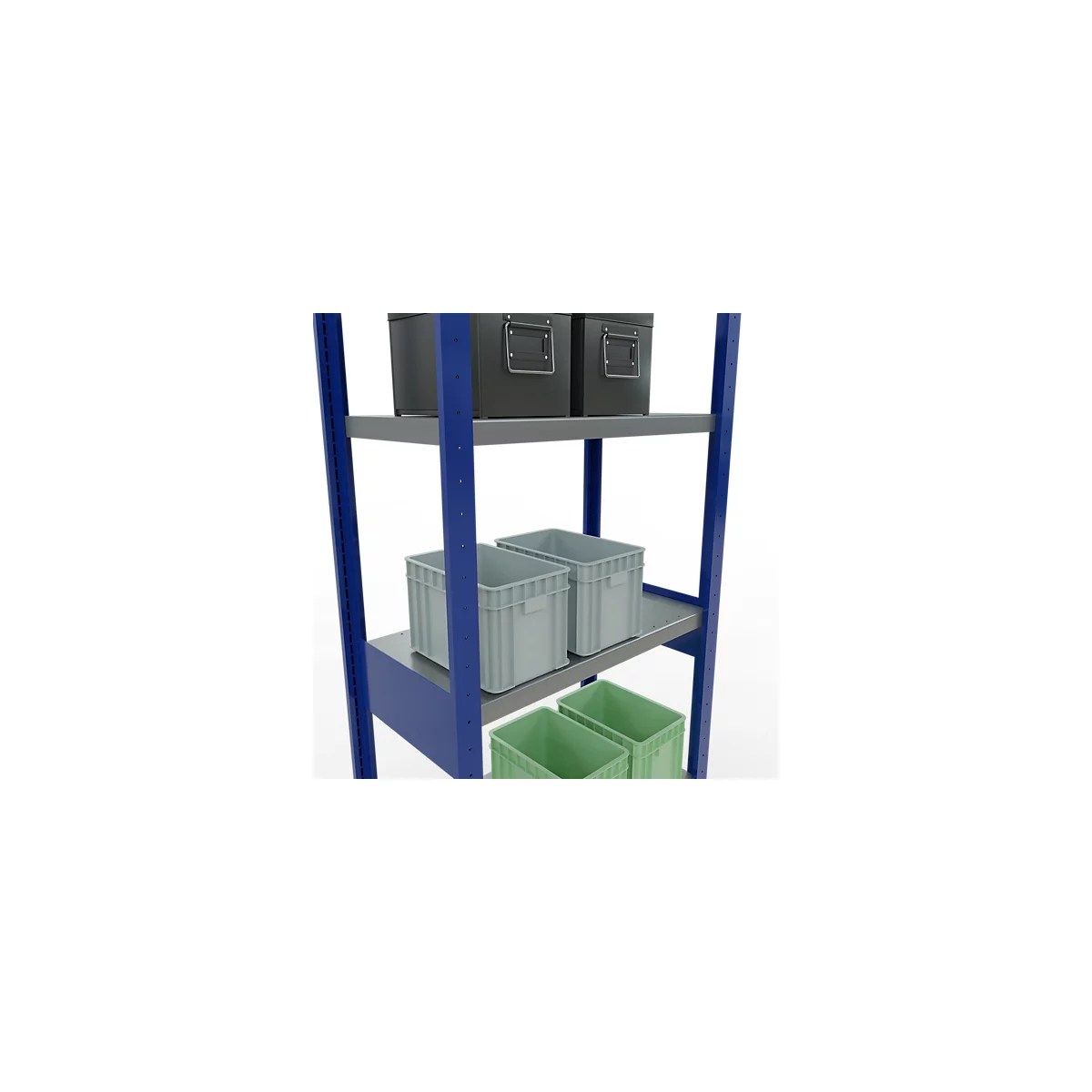 Schulte Lagertechnik Système de rayonnages à tablettes emboîtables MULTIplus 250, rayonnage de base, verrou de longueur, 2500x750x400 mm, 6 tablettes, bleu gentiane/zingué