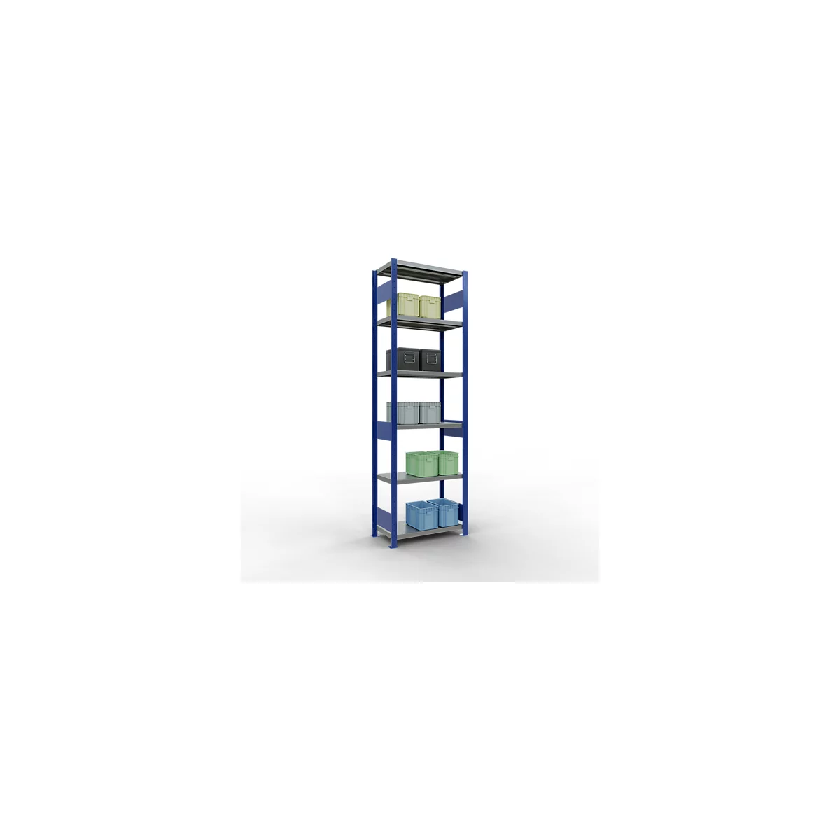 Schulte Lagertechnik Système de rayonnages à tablettes emboîtables MULTIplus 250, rayonnage de base, verrou de longueur, 2500x750x400 mm, 6 tablettes, bleu gentiane/zingué