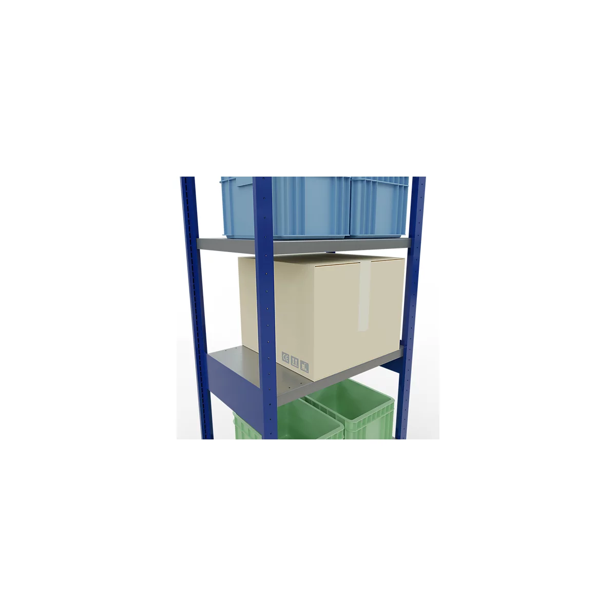 Schulte Lagertechnik Système de rayonnages à tablettes emboîtables MULTIplus 250, rayonnage de base, verrou de longueur, 2500x750x500 mm, 6 tablettes, bleu gentiane/zingué