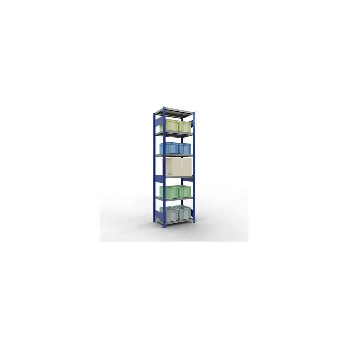 Schulte Lagertechnik Système de rayonnages à tablettes emboîtables MULTIplus 250, rayonnage de base, verrou de longueur, 2500x750x500 mm, 6 tablettes, bleu gentiane/zingué