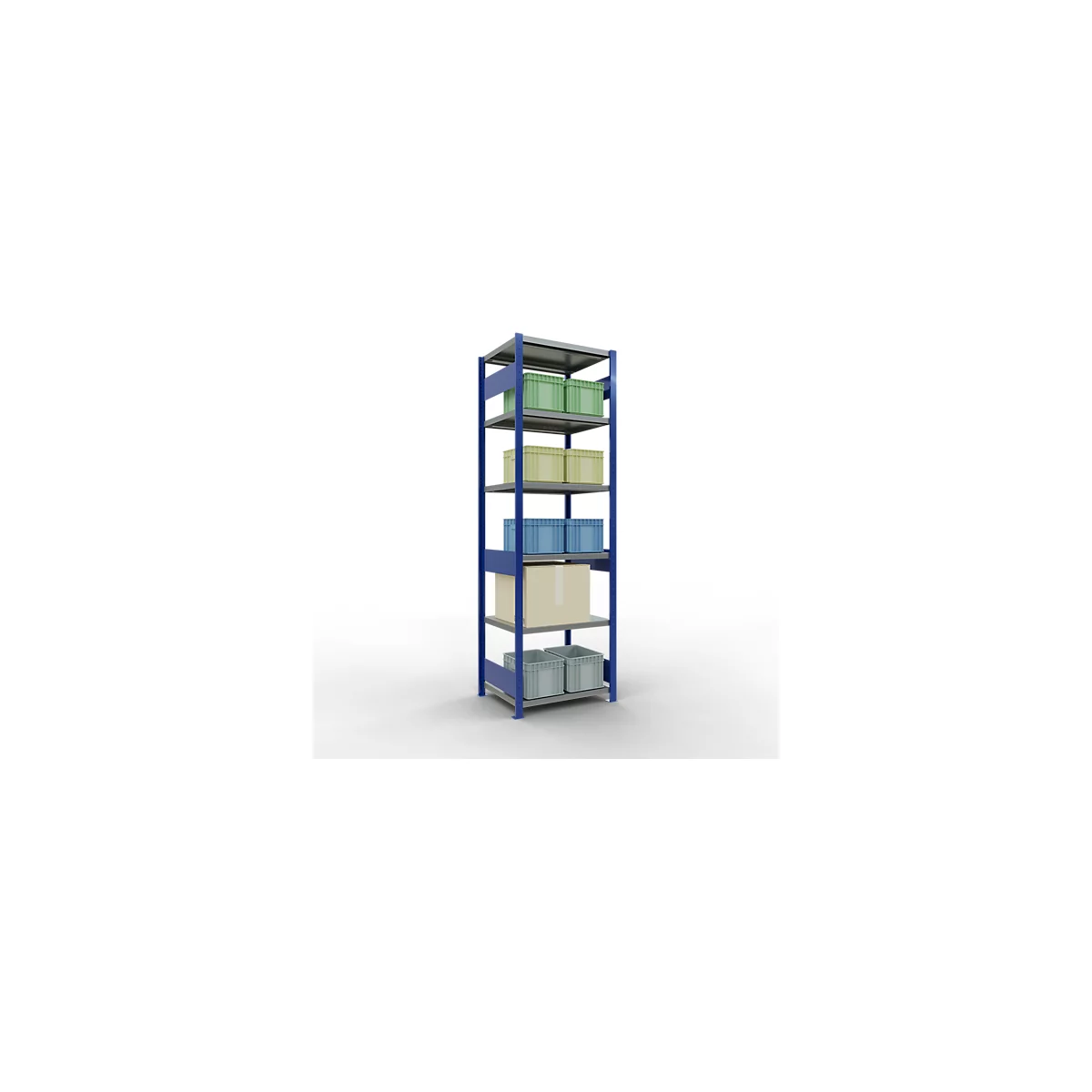 Schulte Lagertechnik Système de rayonnages à tablettes emboîtables MULTIplus 250, rayonnage de base, verrou de longueur, 2500x750x600 mm, 6 tablettes, bleu gentiane/galvanisé