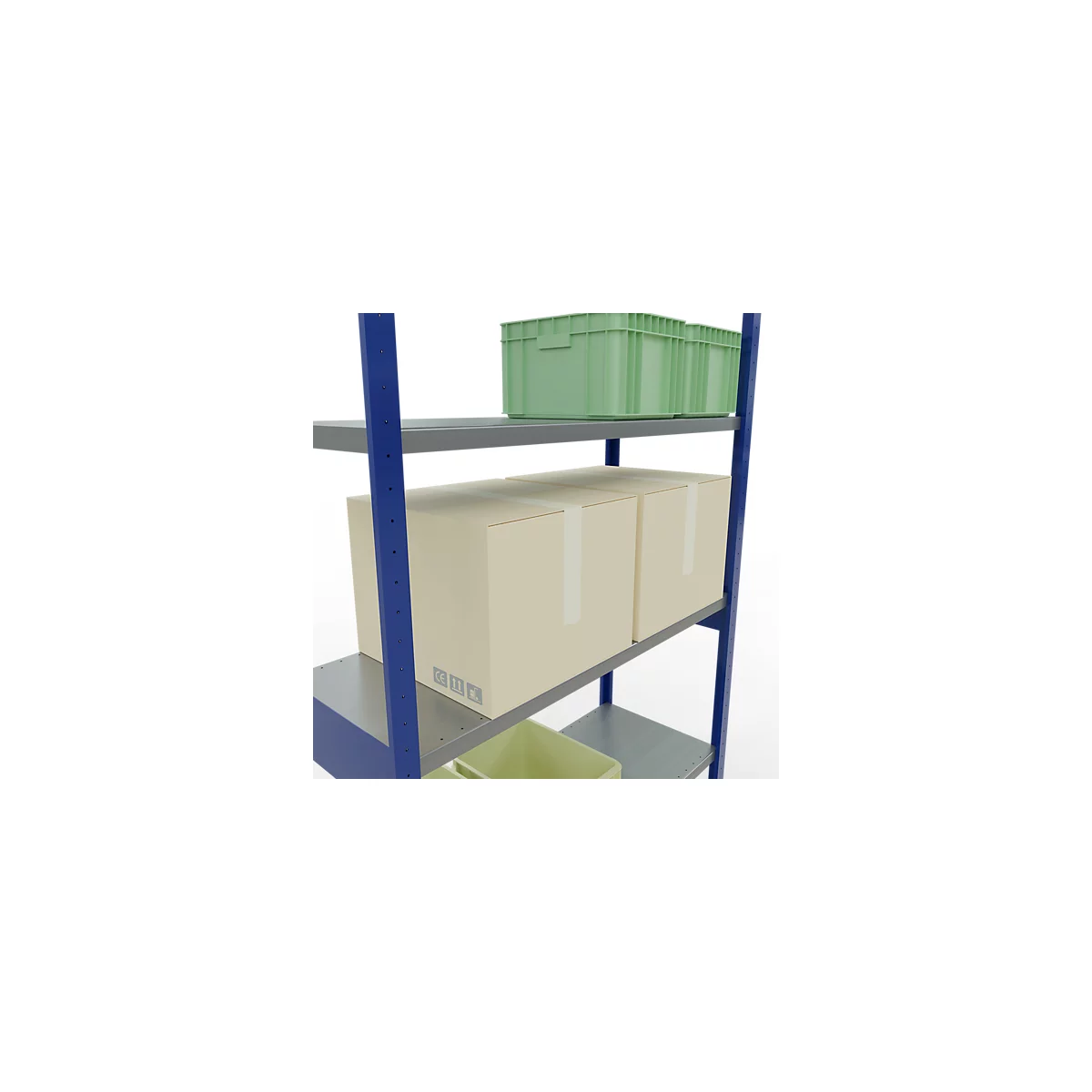 Schulte Lagertechnik Système de rayonnages à tablettes emboîtables MULTIplus 250, rayonnage de base, verrou de longueur, 3000x1300x500 mm, 7 tablettes, bleu gentiane/zingué