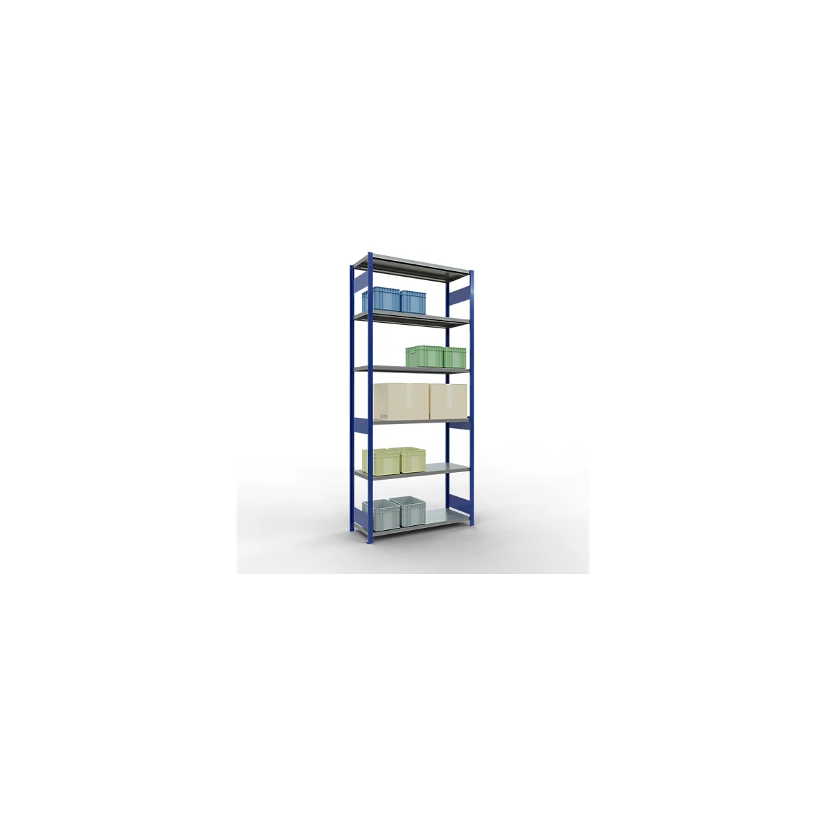 Schulte Lagertechnik Système de rayonnages à tablettes emboîtables MULTIplus 250, rayonnage de base, verrou de longueur, 3000x1300x500 mm, 7 tablettes, bleu gentiane/zingué