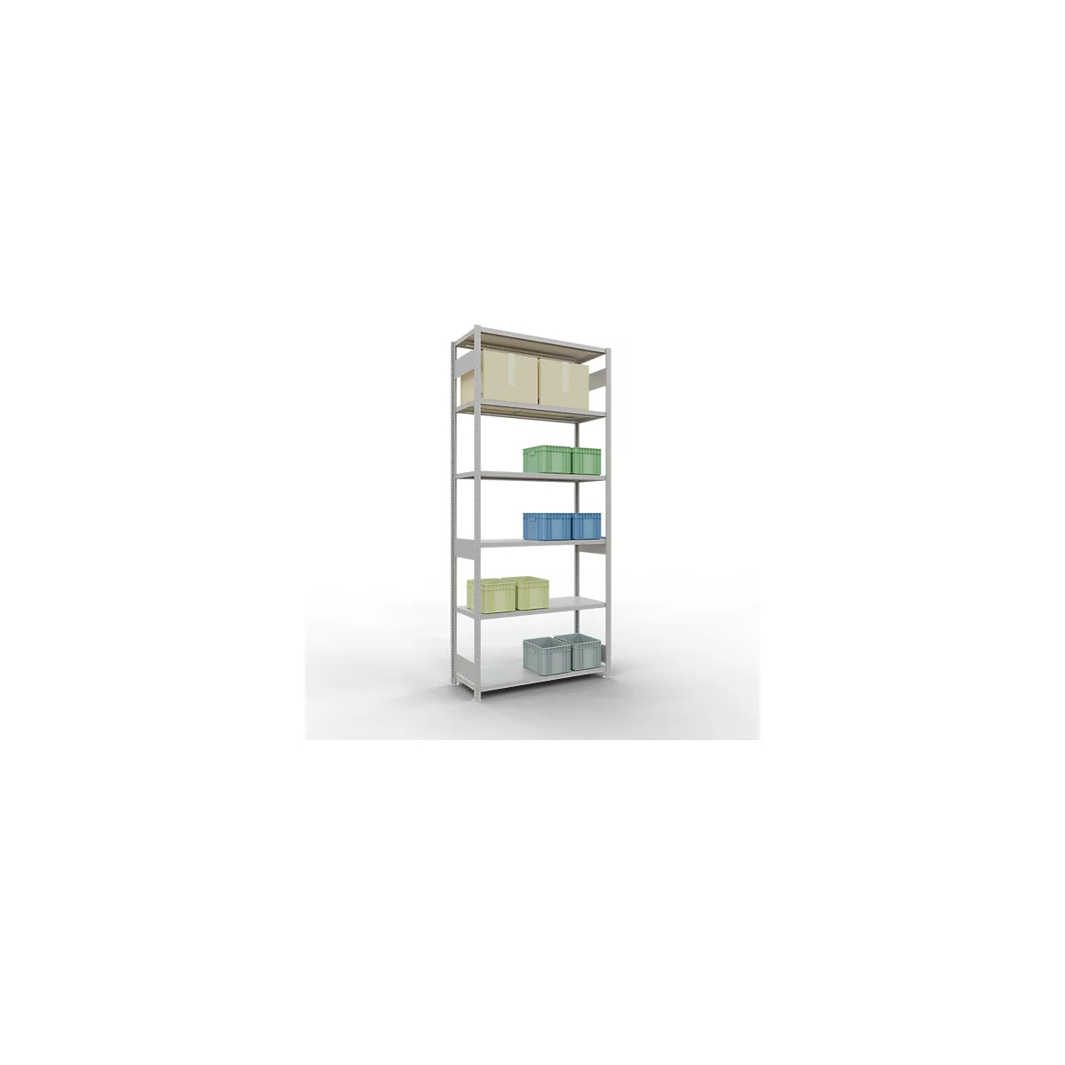 Schulte Lagertechnik Système de rayonnages à tablettes emboîtables MULTIplus 250, rayonnage de base, verrou de longueur, 3000x1300x500 mm, 7 tablettes, gris clair