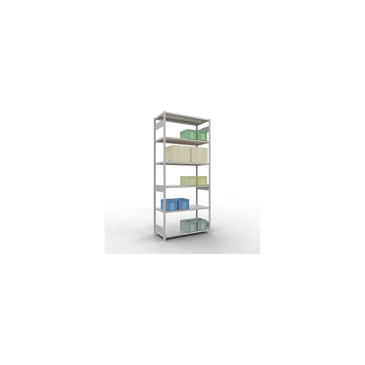 Schulte Lagertechnik Système de rayonnages à tablettes emboîtables MULTIplus 250, rayonnage de base, verrou de longueur, 3000x1300x600 mm, 7 tablettes, gris clair