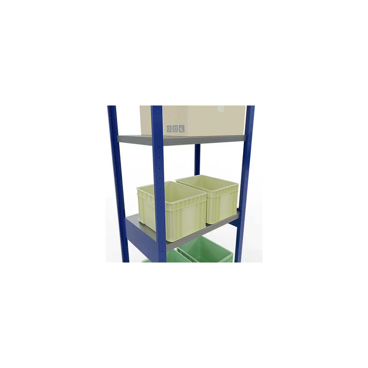 Schulte Lagertechnik Système de rayonnages à tablettes emboîtables MULTIplus 250, rayonnage de base, verrou de longueur, 3000x750x500 mm, 7 tablettes, bleu gentiane/zingué
