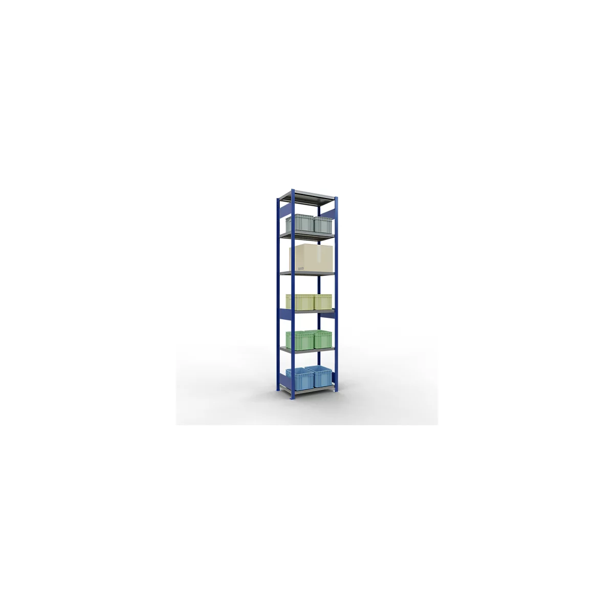 Schulte Lagertechnik Système de rayonnages à tablettes emboîtables MULTIplus 250, rayonnage de base, verrou de longueur, 3000x750x500 mm, 7 tablettes, bleu gentiane/zingué