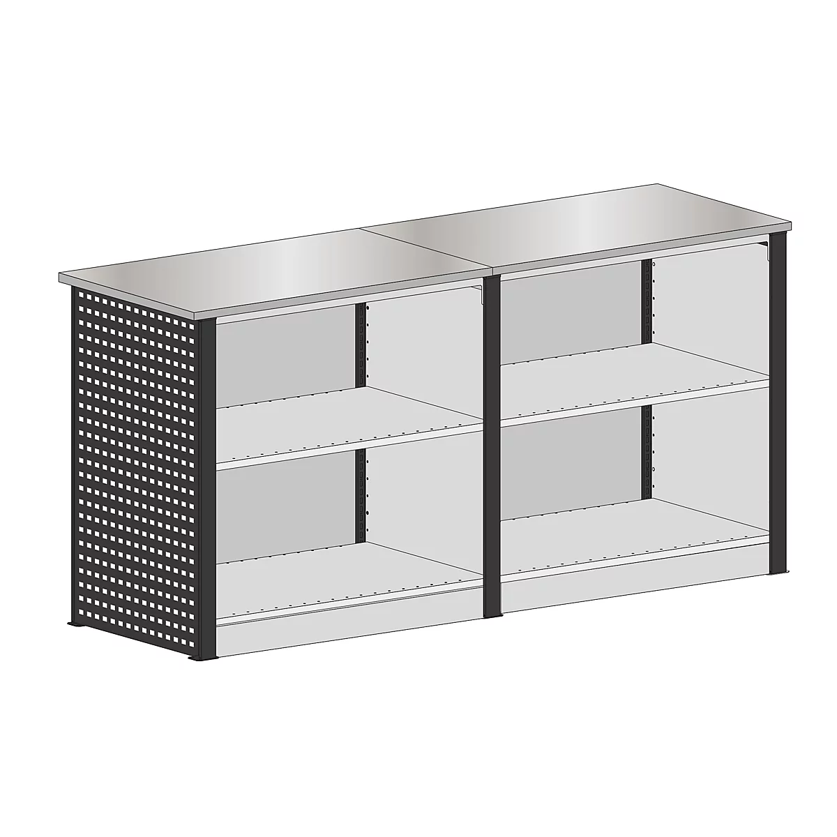 Rek met grijs oppervlak, zwarte frames en geperforeerde zijpanelen.