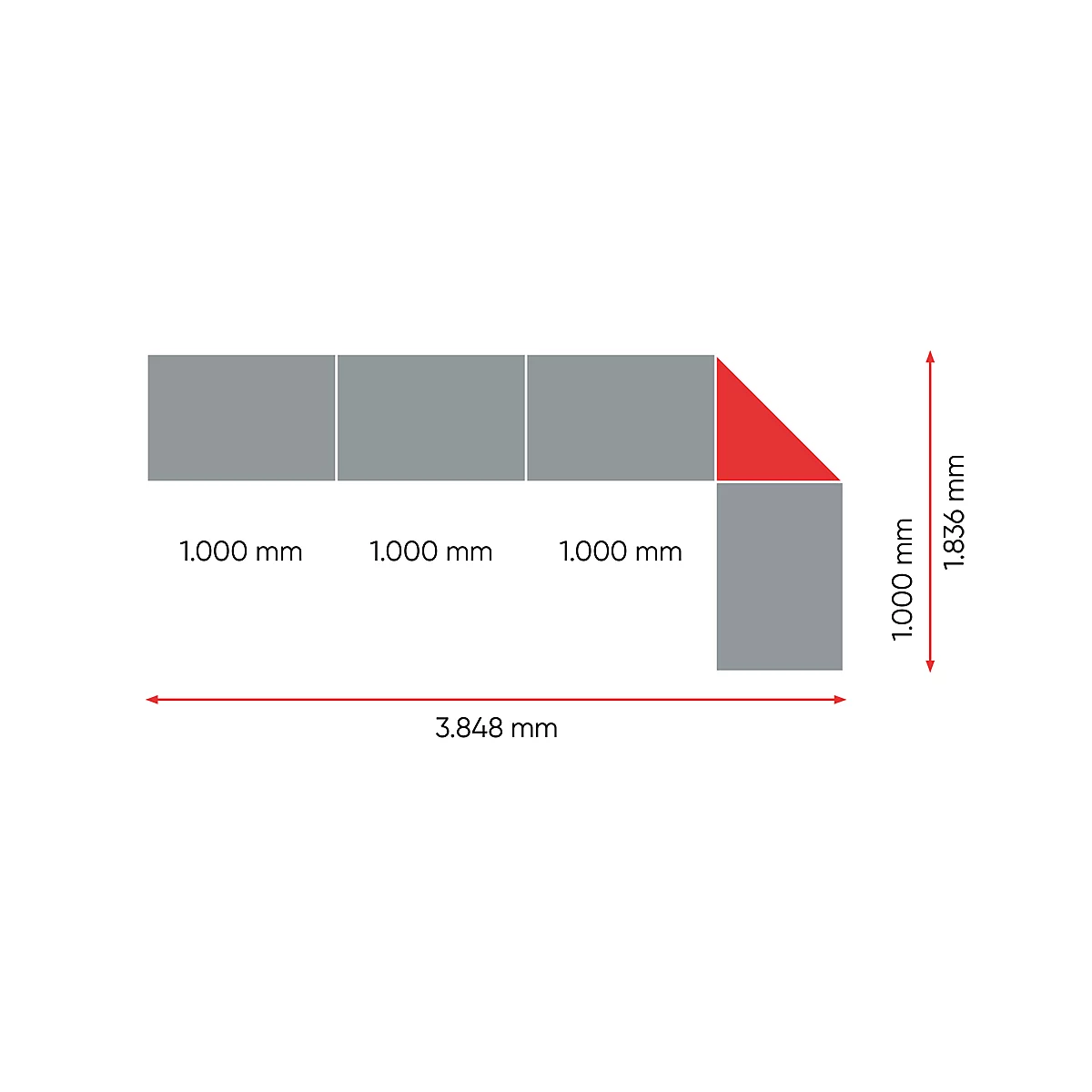 Grijs, L-vormig diagram met rode en grijze vierkanten en afmetingen. Totale lengte: 3.848 mm, hoogte: 1.836 mm.