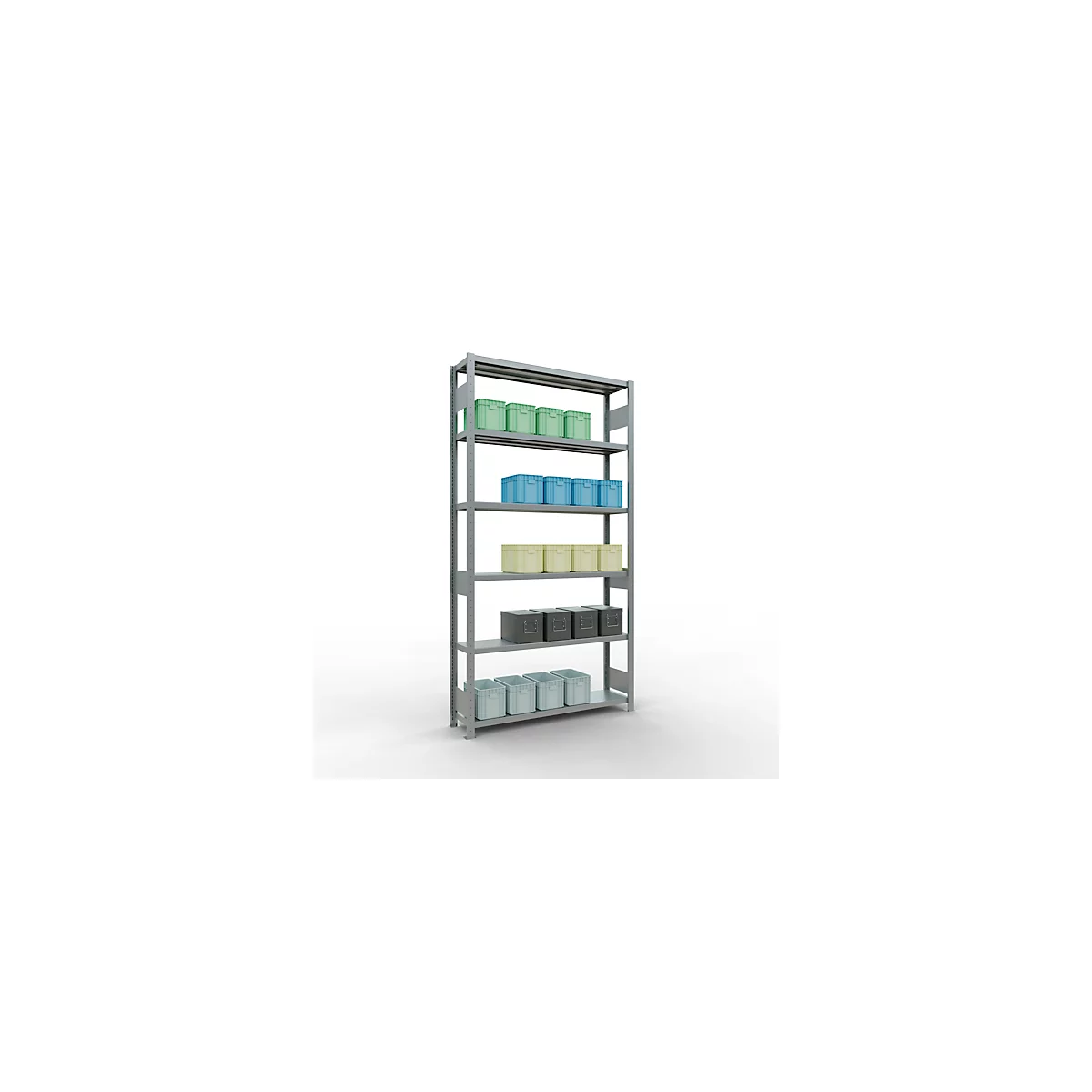 Schulte MULTIplus250 Rayonnage emboîtable, rayonnage de base, 6 tablettes, jusqu'à 250 kg par tablette, montage sans outillage, L 1300 x P 300 x H 2500, gris argenté