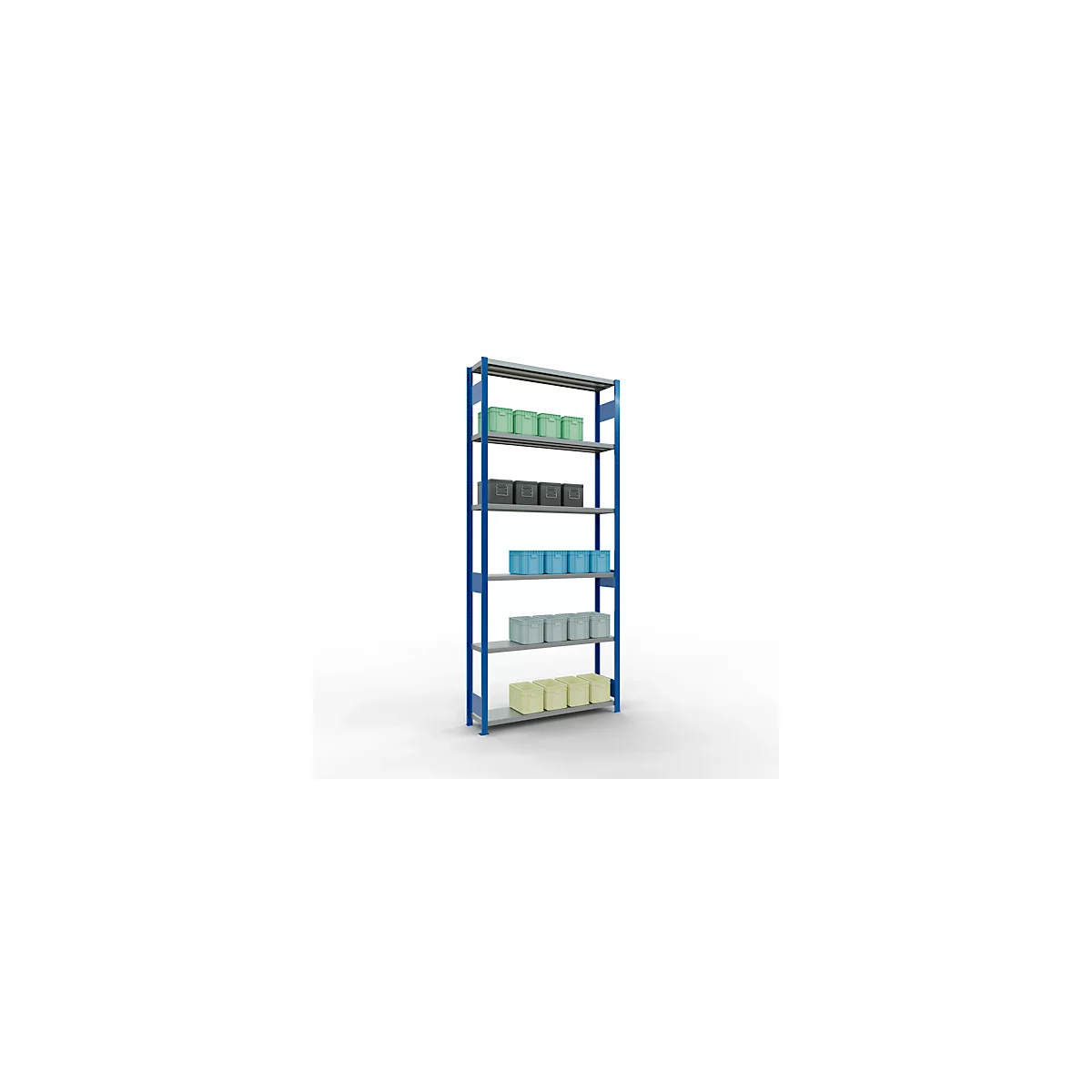 Schulte MULTIplus250 Rayonnage emboîtable, rayonnage de base, 7 tablettes, jusqu'à 250 kg par tablette, montage sans outillage, L 1300 x P 300 x H 3000, bleu gentiane/galvanisé