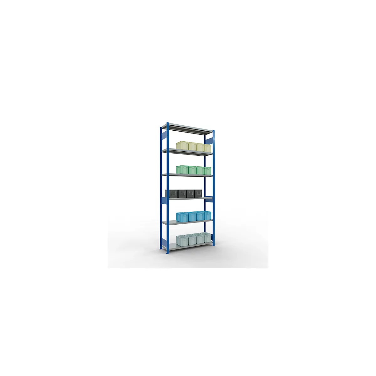 Schulte MULTIplus250 Rayonnage emboîtable, rayonnage de base, 7 tablettes, jusqu'à 250 kg par tablette, montage sans outillage, L 1300 x P 400 x H 3000, bleu gentiane/galvanisé
