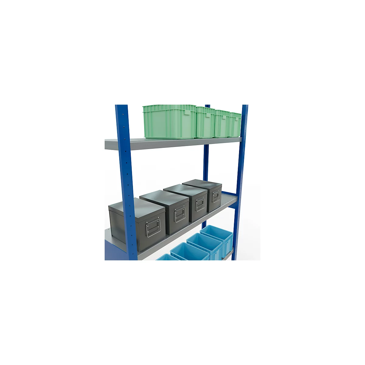 Schulte MULTIplus250 Rayonnage emboîtable, rayonnage de base, 7 tablettes, jusqu'à 250 kg par tablette, montage sans outillage, L 1300 x P 400 x H 3000, bleu gentiane/galvanisé