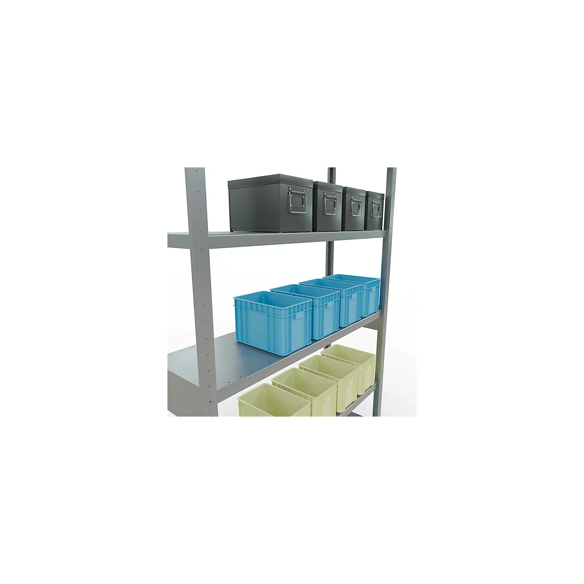Metalen plank met grijze dozen en blauwe en gele plastic bakken.