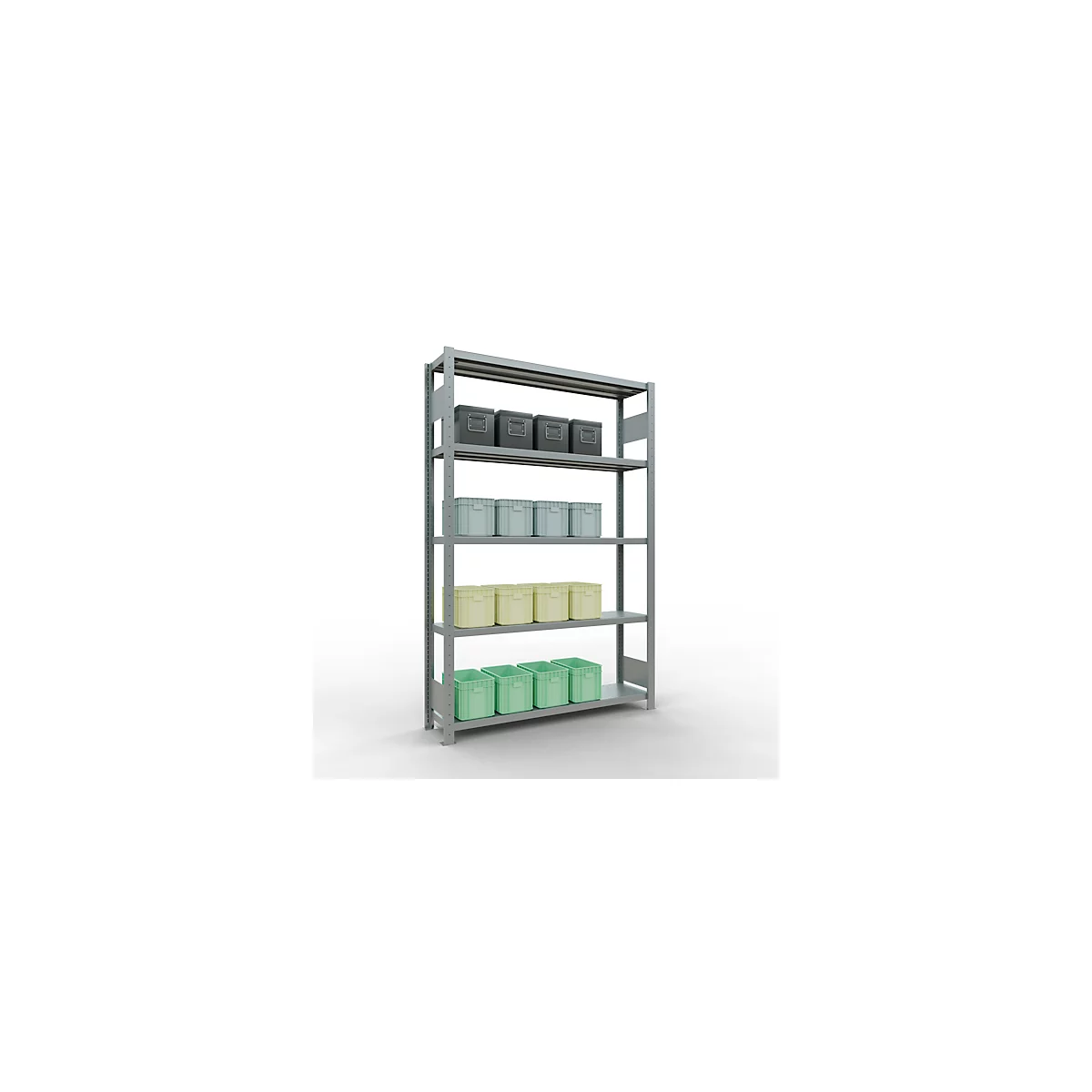Schulte MULTIplus250 Steckregal, Grundregal, 5 Fachböden, bis 250 kg je Fachboden, werkzeuglos montierbar, B 1300 x T 300 x H 2000, silbergrau