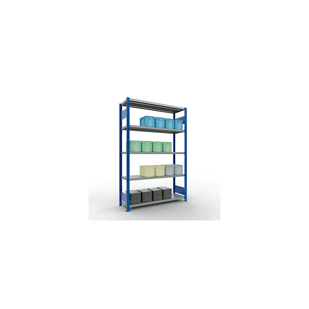 Schulte MULTIplus250 Steckregal, Grundregal, 5 Fachböden, bis 250 kg je Fachboden, werkzeuglos montierbar, B 1300 x T 400 x H 2000, enzianblau/verzinkt