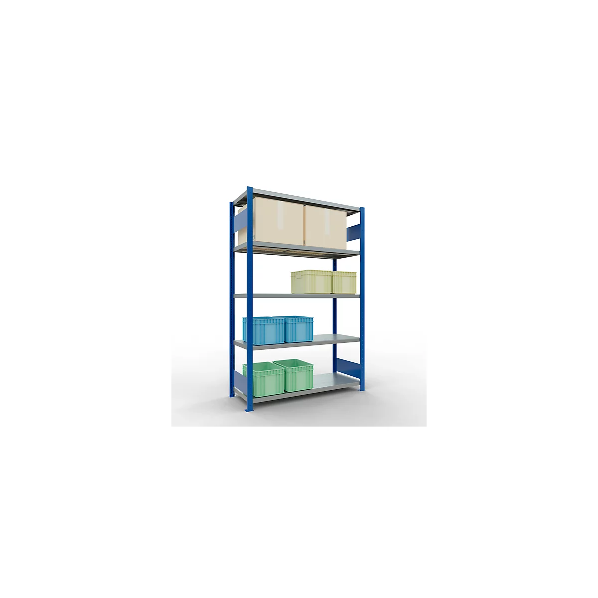 Schulte MULTIplus250 Steckregal, Grundregal, 5 Fachböden, bis 250 kg je Fachboden, werkzeuglos montierbar, B 1300 x T 500 x H 2000, enzianblau/verzinkt