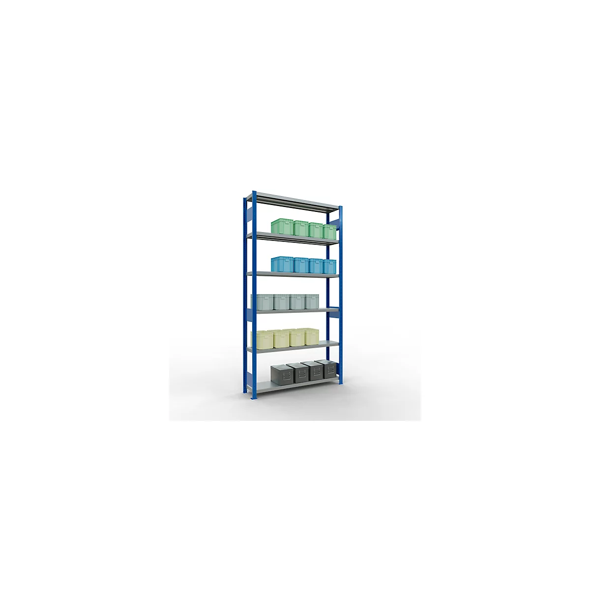 Schulte MULTIplus250 Steckregal, Grundregal, 6 Fachböden, bis 250 kg je Fachboden, werkzeuglos montierbar, B 1300 x T 300 x H 2500, enzianblau/verzinkt