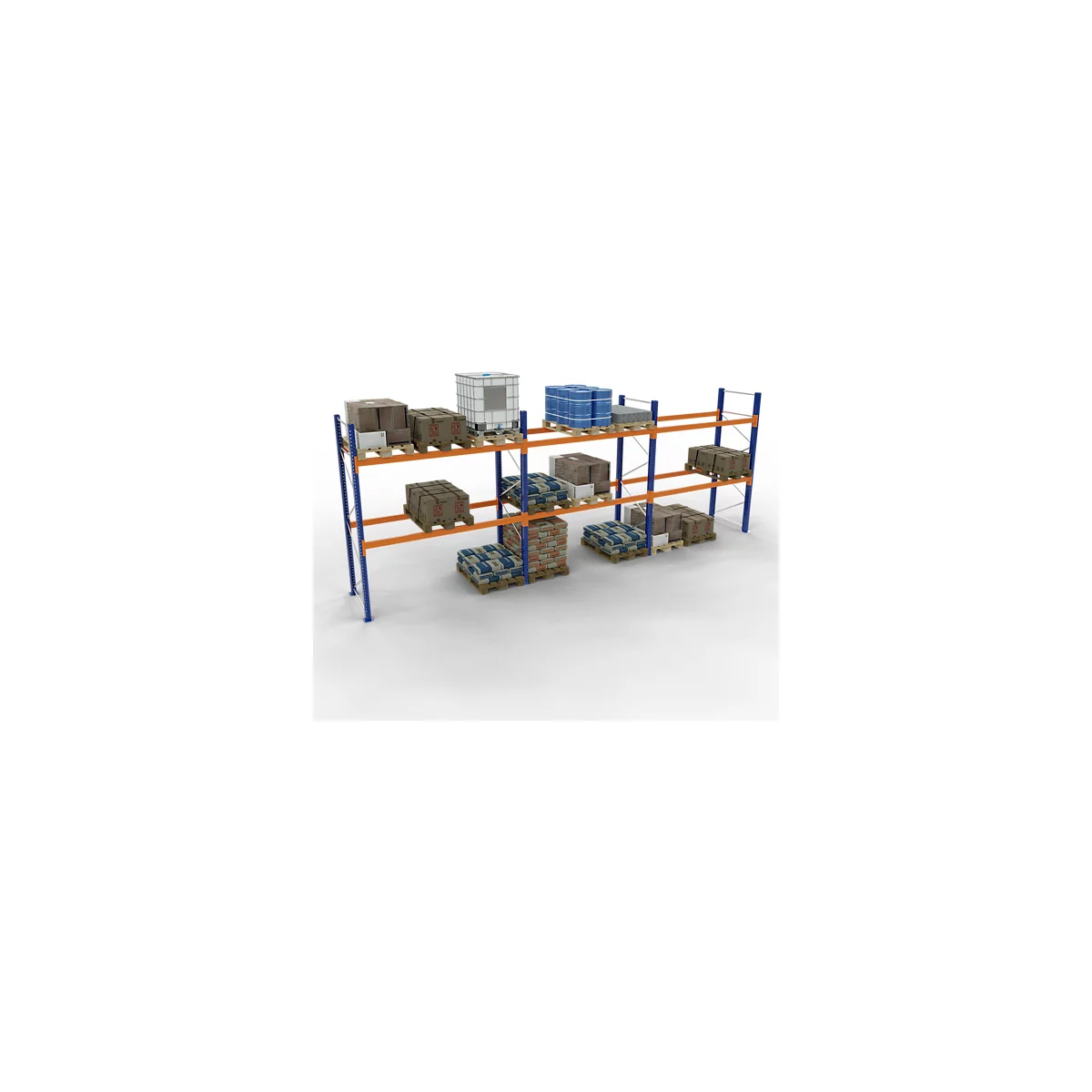 Een magazijnrek met pallets vol goederen. Er zijn dozen, zakken en vloeistofcontainers te zien.