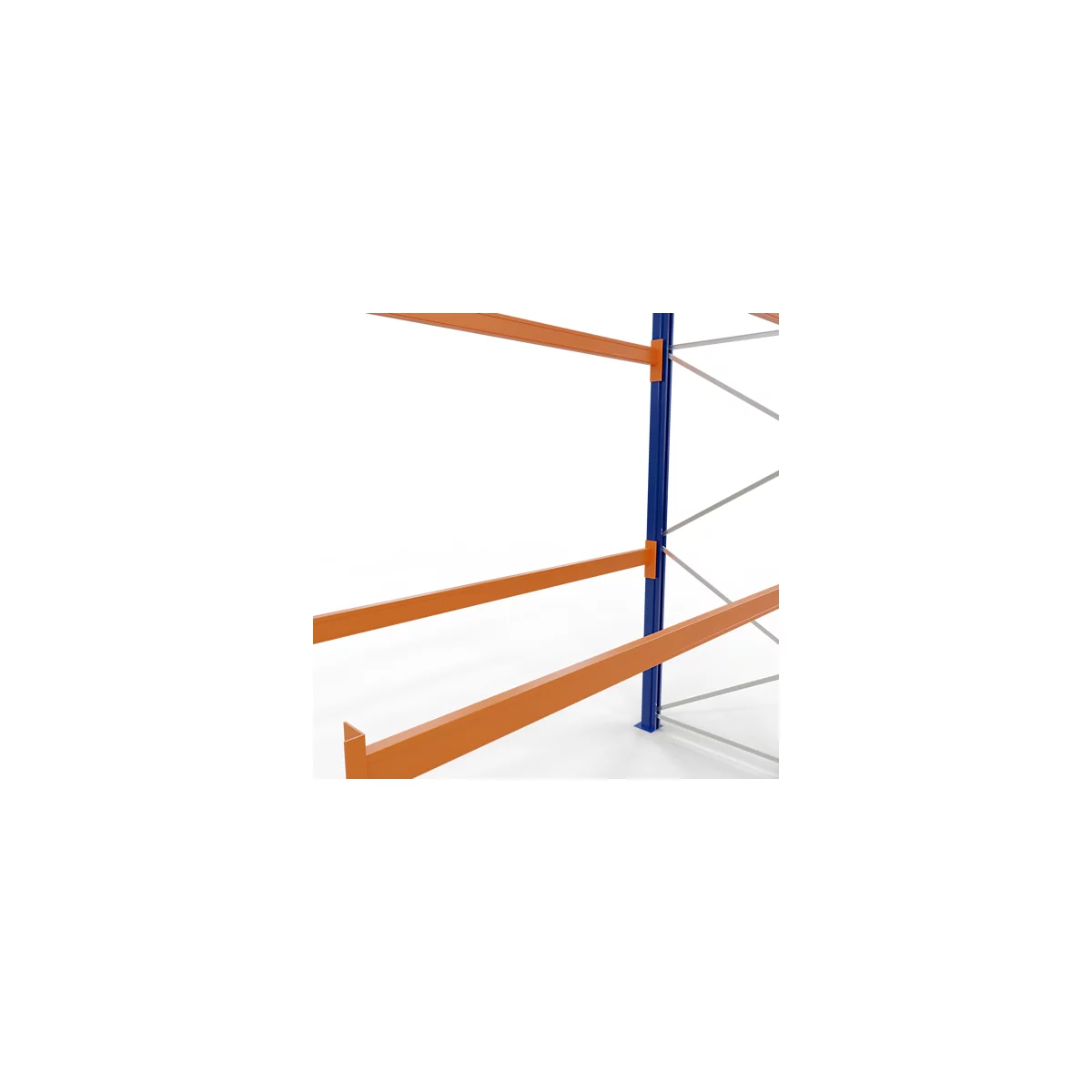 Gros plan d'un rack en acier bleu avec des supports et des entretoises orange sur fond blanc.