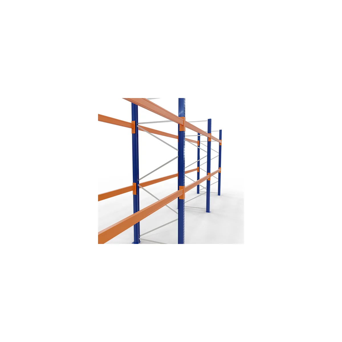 Étagère d'entrepôt, bleu et orange, sur fond blanc.