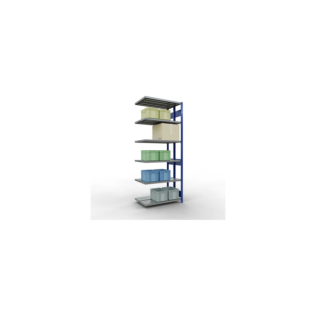Une étagère de stockage avec plusieurs étagères grises, remplies de boîtes vertes, bleues et crème. Le fond est blanc.