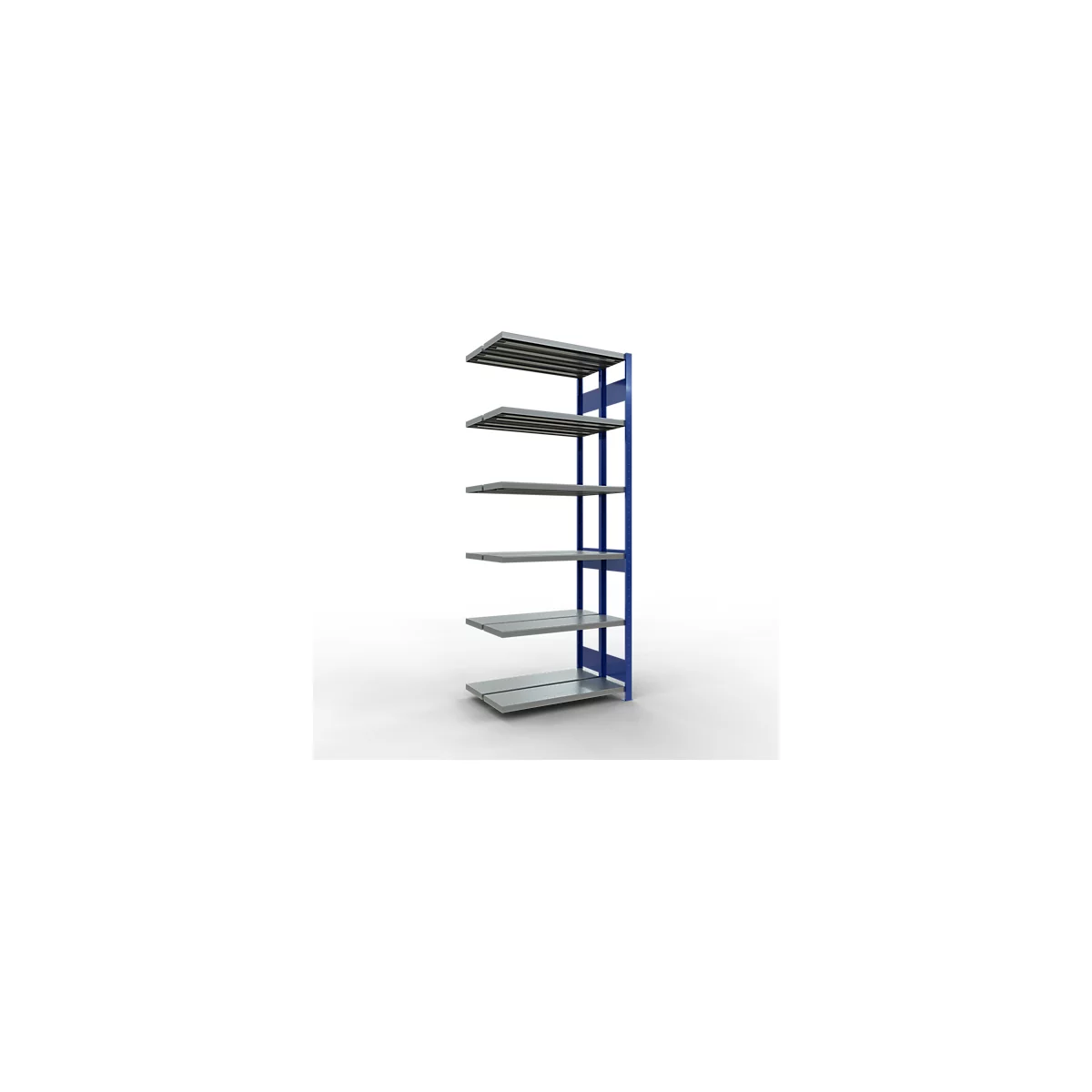 Étagère grise autoportante avec six étagères, cadre bleu et fond blanc.