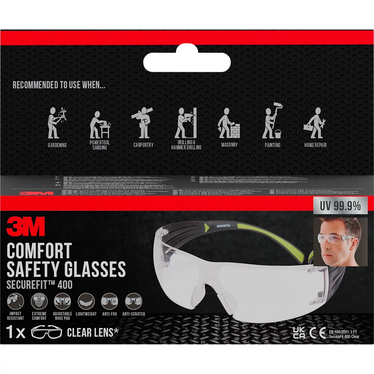 Schutzbrille 3M SecureFit 400, EN 166:2001, UVA/UVB/UVC-resistent, Bügeldruckverteilung, verstellbare Nasenpolster, beschichtet, Polycarbonatglas, klar