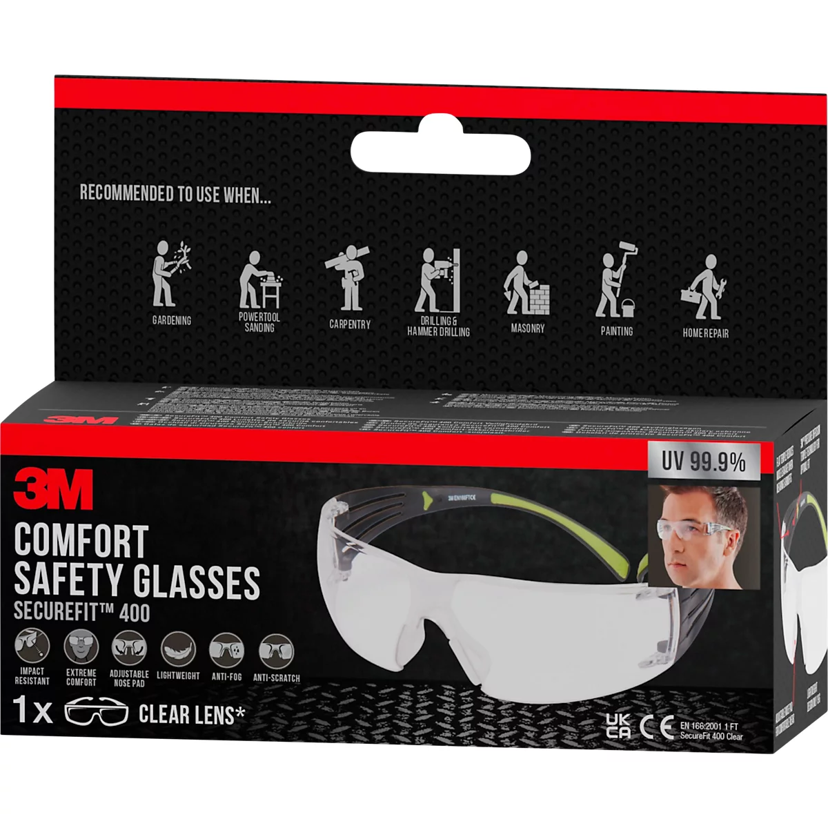 Schutzbrille 3M SecureFit 400, EN 166:2001, UVA/UVB/UVC-resistent, Bügeldruckverteilung, verstellbare Nasenpolster, beschichtet, Polycarbonatglas, klar