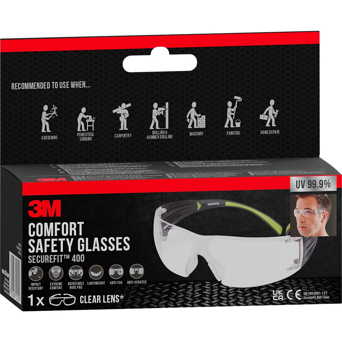 Schutzbrille 3M SecureFit 400, EN 166:2001, UVA/UVB/UVC-resistent, Bügeldruckverteilung, verstellbare Nasenpolster, beschichtet, Polycarbonatglas, klar