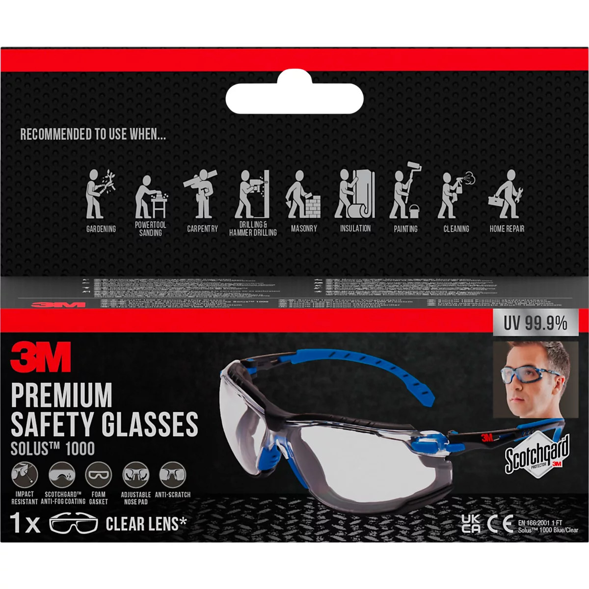 Schutzbrille 3M Solus 1000, EN 166:2001, UVA/UVB/UVC-resistent, abnehmbare Schaumstoffdichtung, beschichtet, Polycarbonatglas, klar