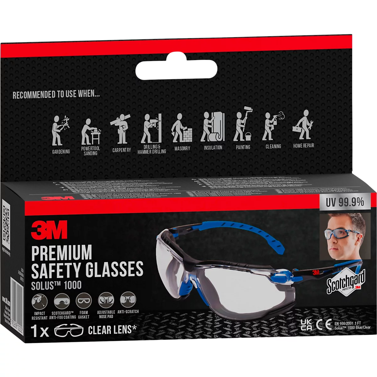 Schutzbrille 3M Solus 1000, EN 166:2001, UVA/UVB/UVC-resistent, abnehmbare Schaumstoffdichtung, beschichtet, Polycarbonatglas, klar