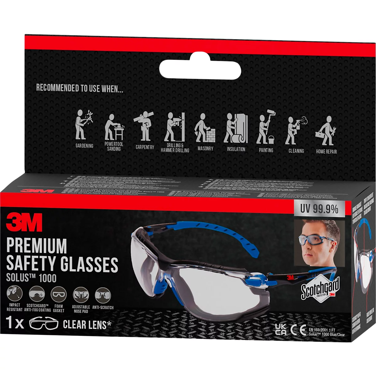 Schutzbrille 3M Solus 1000, EN 166:2001, UVA/UVB/UVC-resistent, abnehmbare Schaumstoffdichtung, beschichtet, Polycarbonatglas, klar