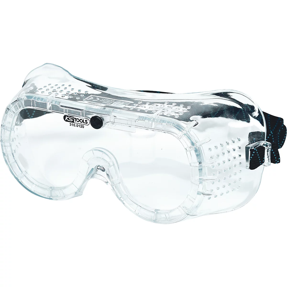 Transparente Schutzbrille mit schwarzem Gummiband und Logo.