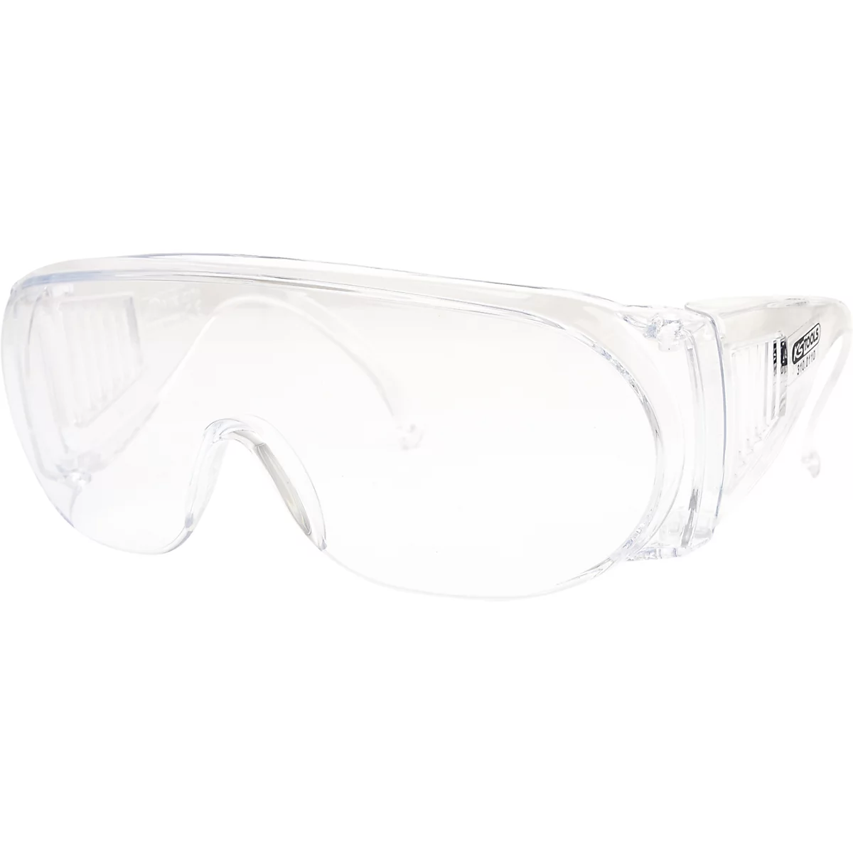 Klare Schutzbrille. Kunststoff, transparente Gläser, seitlicher Schutz und Bügel.